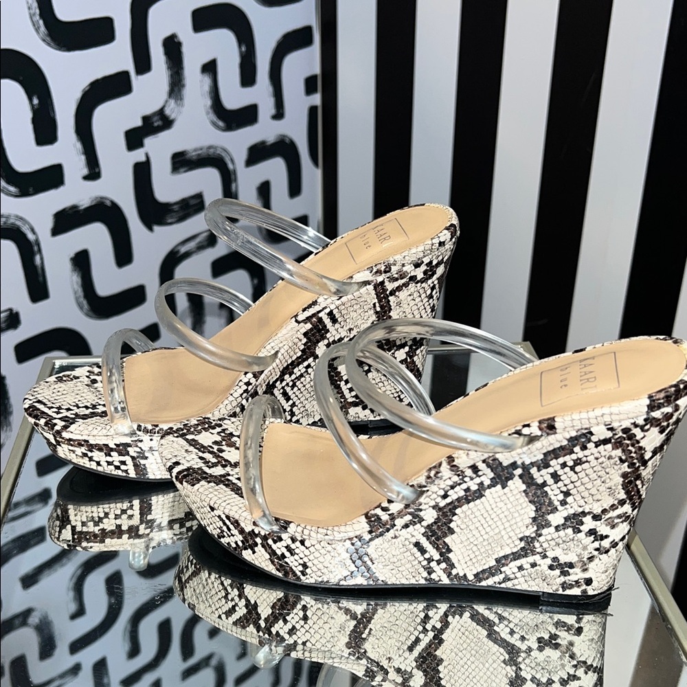 Kaari Blue Black and White Patterned Heels with Clear Straps